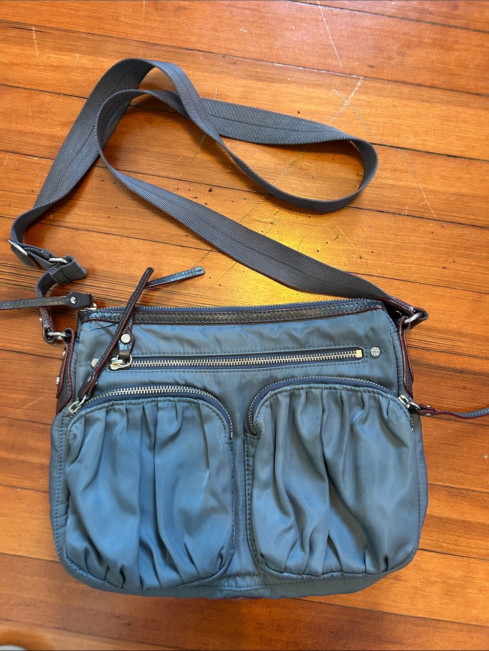MZ Wallace Paige Crossbody Bag Grey Nylon Red Leather Trim